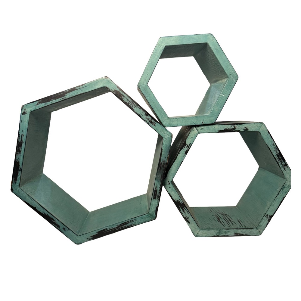 Distressed Teal Wood Floating Hexagon Honeycomb Wall Display Shelves (Set of 3)